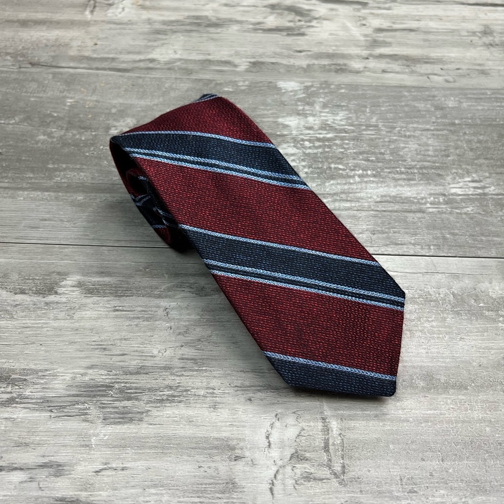 Dion Red w/ Navy & Blue Stripe Silk Cotton Blend Tie